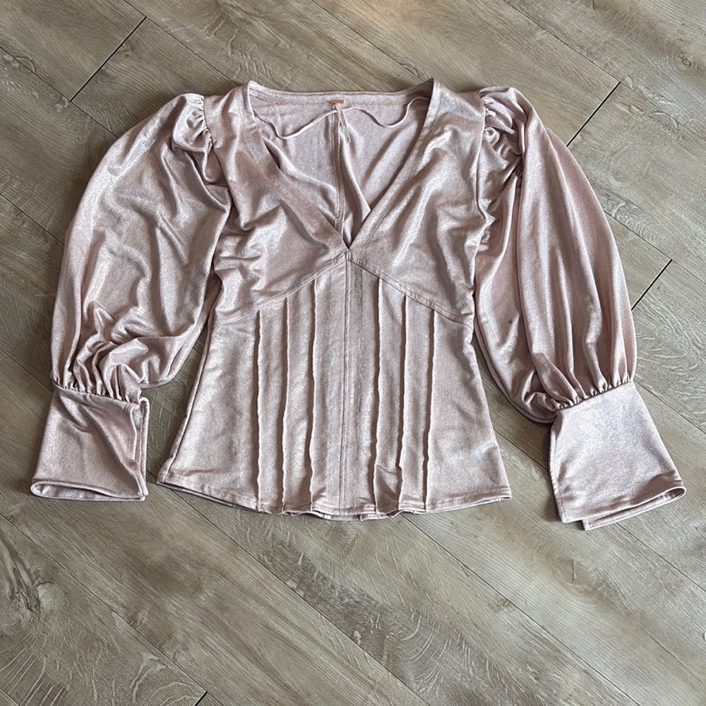Free People Shimmery Blush Shirt *stain* Open Bell Cuffs